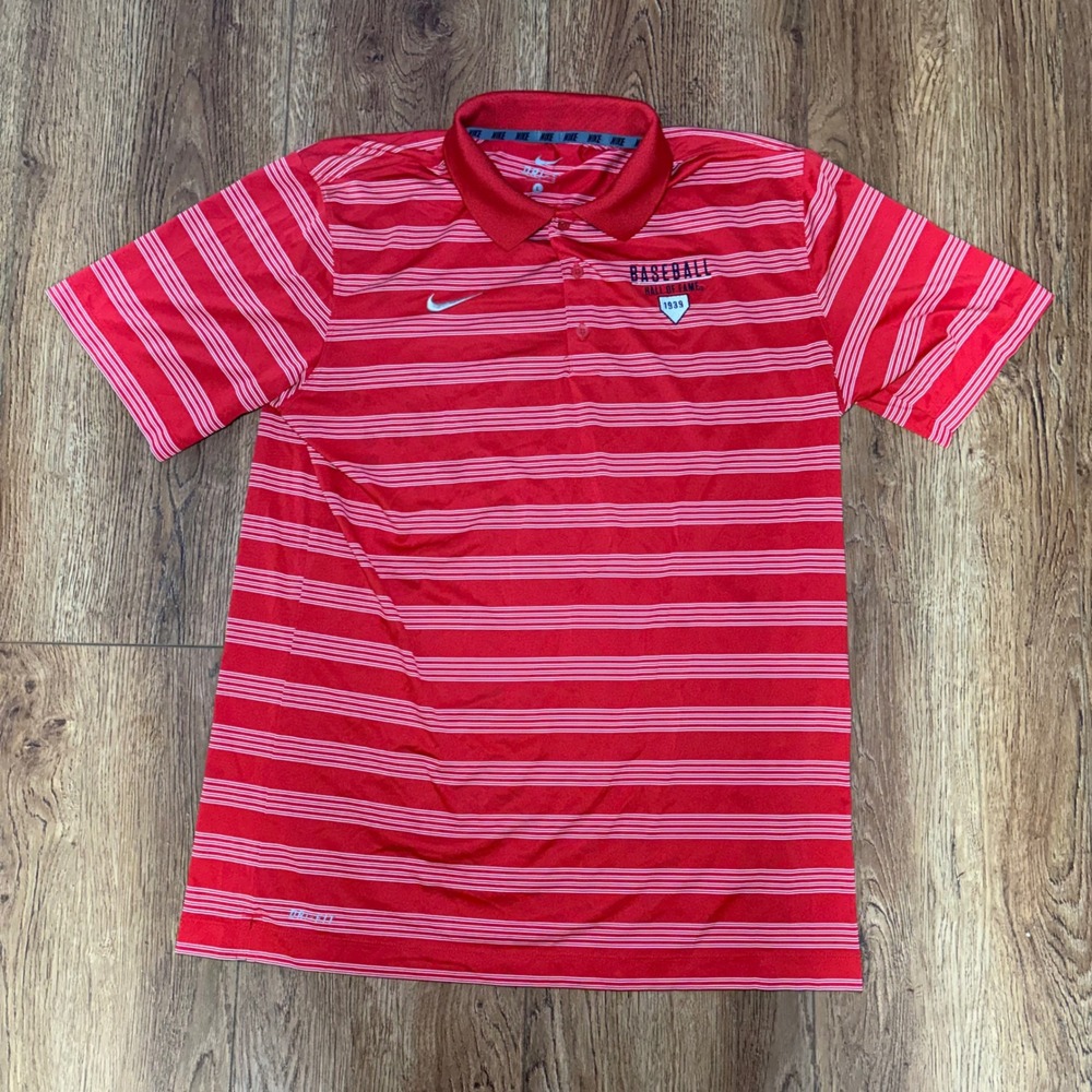 Nike Dri-FIT Baseball Hall of Fame Red Striped Game Time Polo Shirt Mens Large